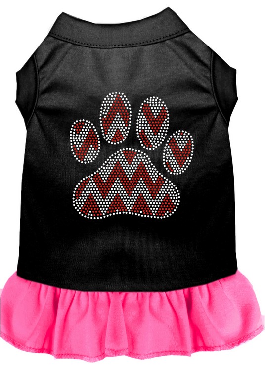 Candy Cane Chevron Paw Rhinestone Dog Dress Black with Bright Pink Lg